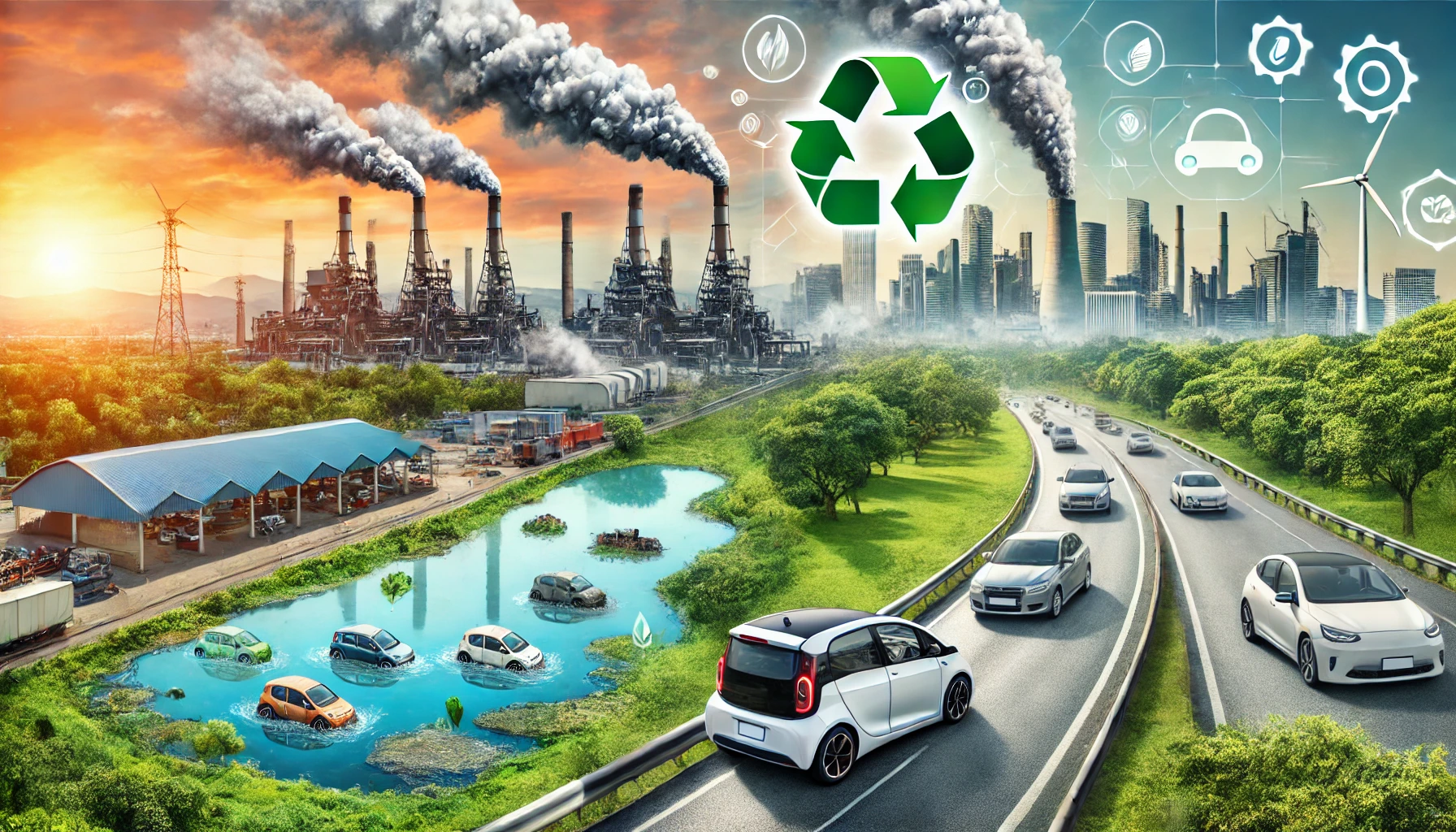 DALL·E 2024 07 08 11.31.00 Create a professional landscape image illustrating the problem of environmental pollution caused by the automotive industry. Highlight air pollution f