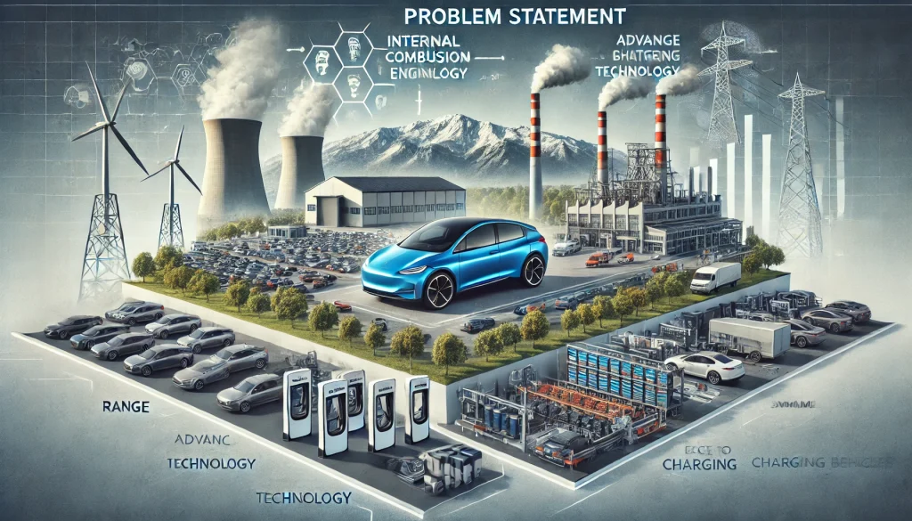 DALL·E 2024 07 08 11.59.50 A professional landscape image illustrating the problem statement in the shift from internal combustion engines to electric vehicles. The image includ