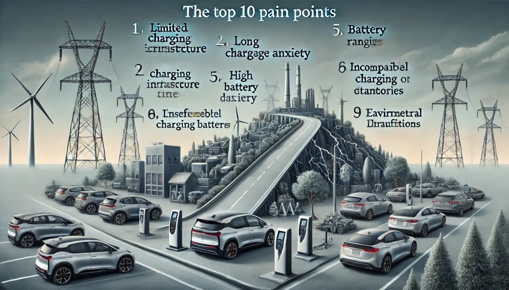 DALL·E 2024 07 08 11.59.54 A professional landscape image illustrating the top 10 pain points faced by stakeholders in the transition to electric vehicles. The image should incl