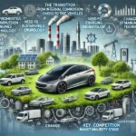 DALL·E 2024 07 08 12.26.59 A professional landscape image summarizing the overall research on the transition from internal combustion engines to electric vehicles. The image sho