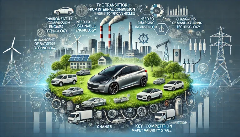 DALL·E 2024 07 08 12.26.59 A professional landscape image summarizing the overall research on the transition from internal combustion engines to electric vehicles. The image sho