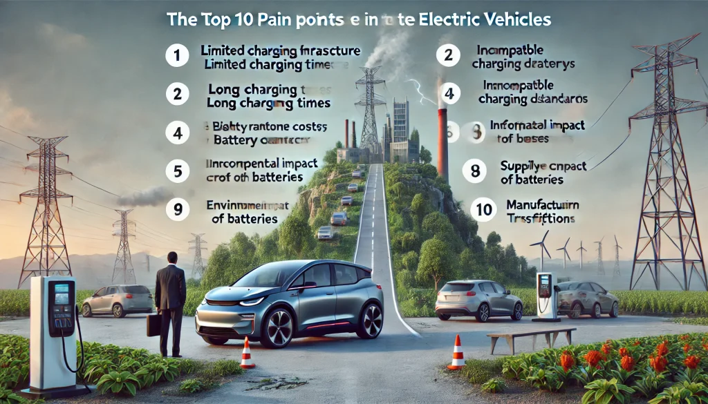 DALL·E 2024 07 08 12.28.08 A professional landscape image illustrating the top 10 pain points faced by stakeholders in the transition to electric vehicles. The image should incl