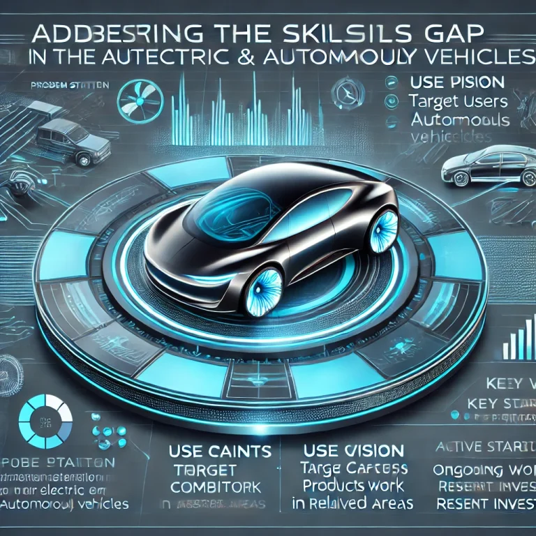 DALL·E 2024 07 08 20.47.00 A futuristic infographic summarizing the research on addressing the skills gap in the automotive industry for electric and autonomous vehicles. The in