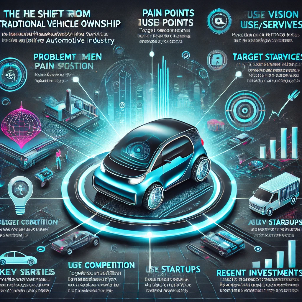 DALL·E 2024 07 08 20.55.00 A futuristic infographic summarizing the research on the shift from traditional vehicle ownership to mobility services in the automotive industry. The