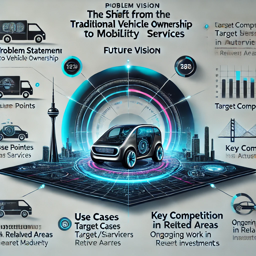 DALL·E 2024 07 08 20.56.45 A futuristic infographic summarizing the research on the shift from traditional vehicle ownership to mobility services in the automotive industry. The