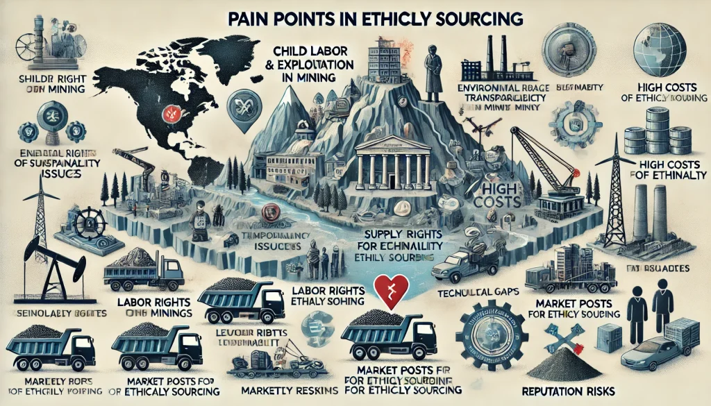 DALL·E 2024 07 09 12.01.20 A detailed landscape image illustrating the pain points in ethical sourcing for the electric vehicle EV industry. The image includes visual elements