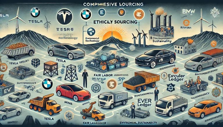 DALL·E 2024 07 09 12.02.40 A comprehensive landscape image illustrating the research on ethical sourcing in the electric vehicle EV industry. The image includes visual element