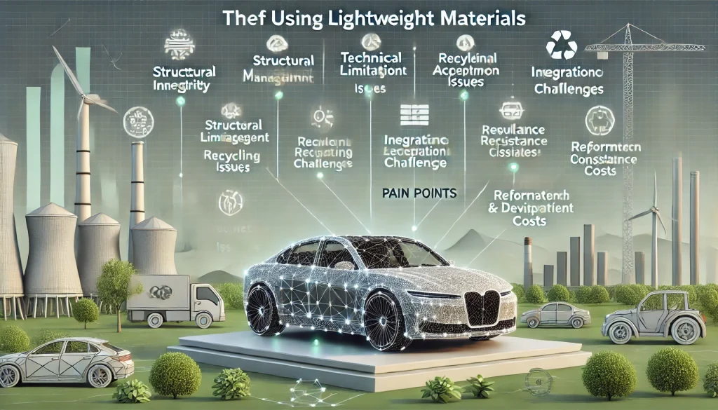 DALL·E 2024 07 09 12.24.32 A landscape image showcasing the pain points of using lightweight materials in automotive manufacturing. The image should include visual elements like