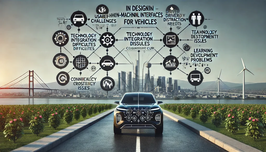 DALL·E 2024 07 09 13.08.00 A landscape image highlighting the pain points in designing human machine interfaces HMI for vehicles. The image should feature a modern car with ic