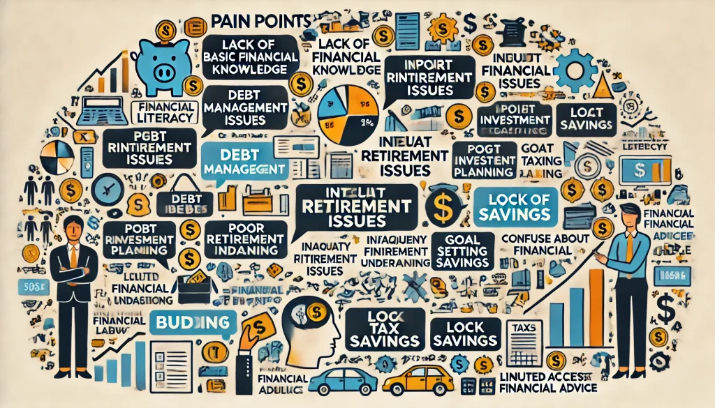 DALL·E 2024 07 24 12.01.06 A comprehensive image showcasing the pain points of financial literacy in todays complex financial landscape. The image features a visual representat