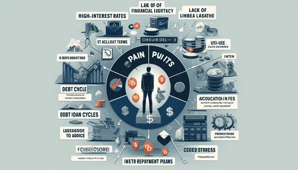 DALL·E 2024 07 24 12.15.56 A comprehensive image showcasing the pain points in personal debt management. The image features visual representations of the following pain points