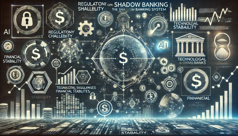 DALL·E 2024 07 24 13.10.36 A futuristic image summarizing research on the shadow banking system. Include abstract representations of regulatory challenges financial stability