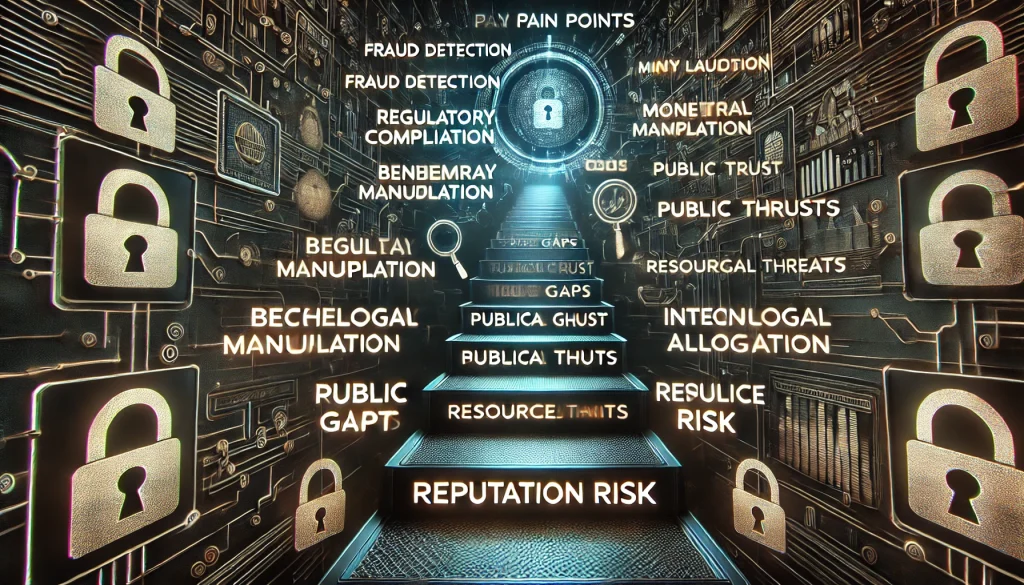 DALL·E 2024 07 24 13.17.36 A futuristic image depicting the pain points in the financial sector related to ethical issues. Include abstract representations of key pain points su