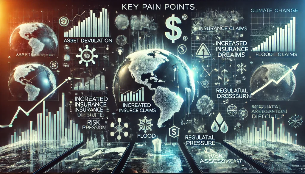 Adapting to Climate Change: Ensuring Stability and Sustainability in the Financial Sector 2 DALL·E 2024 07 24 15.49.14 A futuristic image depicting the pain points in the financial sector related to climate change. Include abstract representations of key pain points su