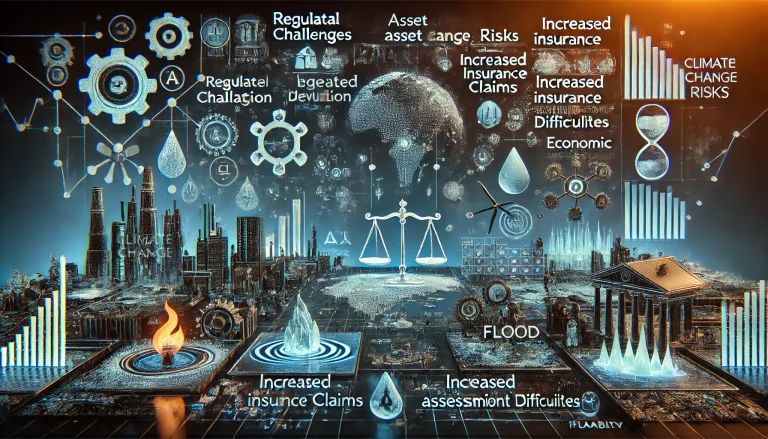 DALL·E 2024 07 24 15.50.14 A futuristic image summarizing the research on climate change risks in the financial sector. Include abstract representations of regulatory challenges