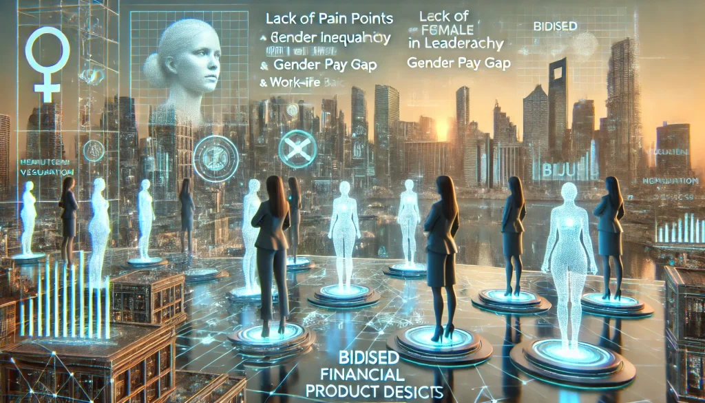 Empowering Women in Finance: Breaking Barriers and Advancing Gender Equality in Leadership Roles 2 DALL·E 2024 07 24 16.08.07 A futuristic image illustrating the pain points of gender inequality in the financial sector. The scene should include a modern cityscape with high te