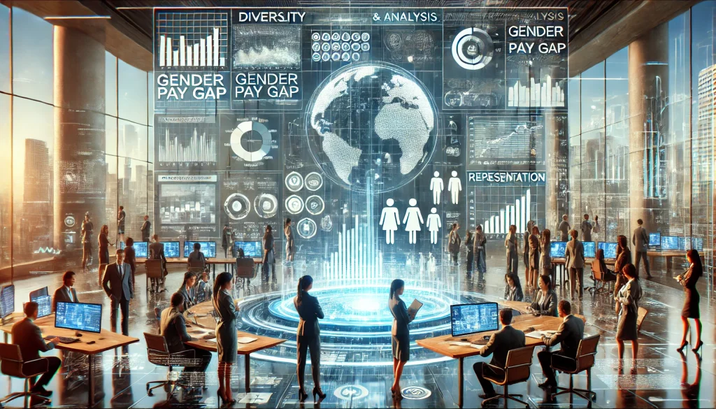 Empowering Women in Finance: Breaking Barriers and Advancing Gender Equality in Leadership Roles 1 DALL·E 2024 07 24 16.08.50 A futuristic image summarizing the research and analysis on gender inequality in the financial sector. The scene should include a modern office enviro
