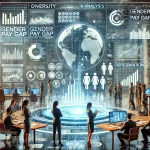 DALL·E 2024 07 24 16.08.50 A futuristic image summarizing the research and analysis on gender inequality in the financial sector. The scene should include a modern office enviro