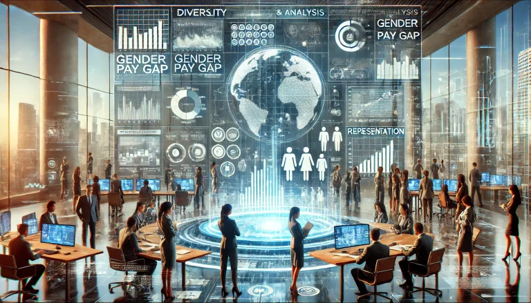 DALL·E 2024 07 24 16.08.50 A futuristic image summarizing the research and analysis on gender inequality in the financial sector. The scene should include a modern office enviro