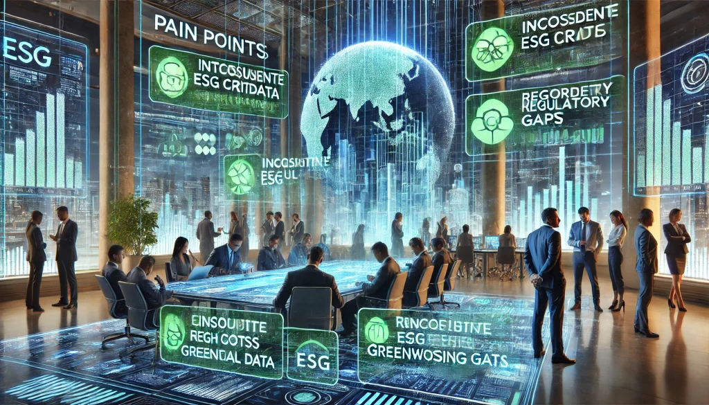 DALL·E 2024 07 24 16.15.01 A futuristic image illustrating the pain points of integrating ESG criteria into investment decisions. The scene should depict a modern financial offi