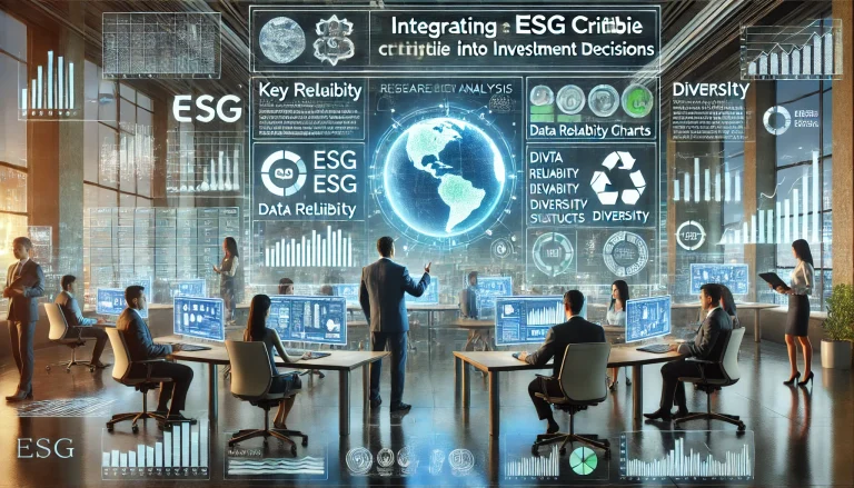 DALL·E 2024 07 24 16.16.21 A futuristic image summarizing the research and analysis on integrating ESG criteria into investment decisions. The scene should include a high tech o