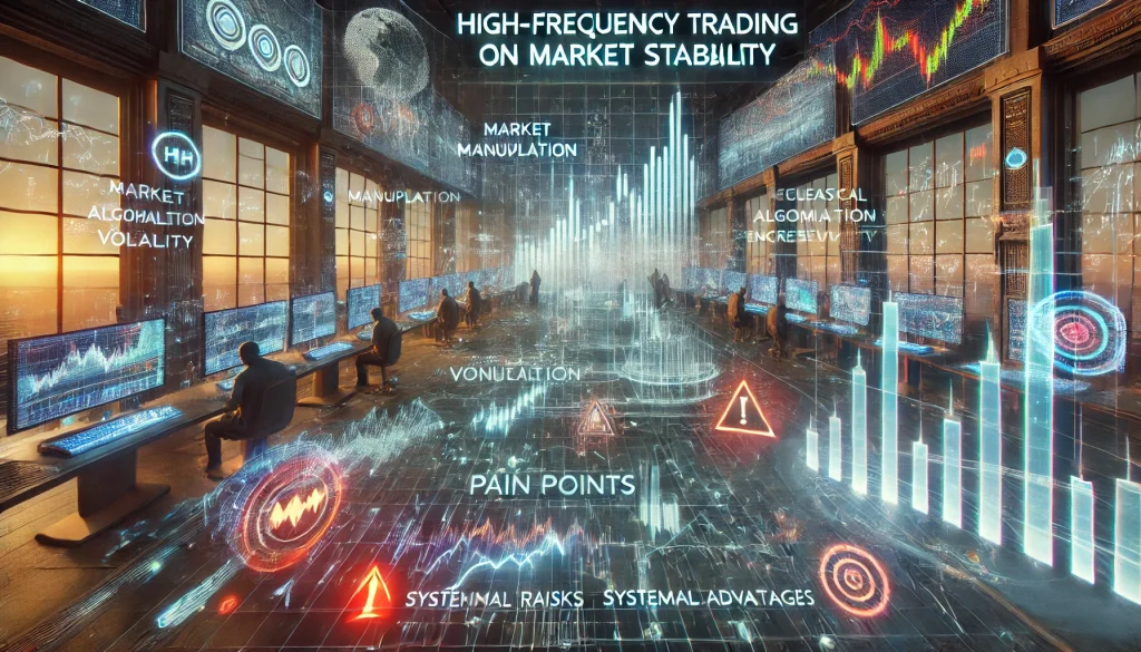 DALL·E 2024 07 24 16.27.30 A futuristic image illustrating the pain points of high frequency trading HFT on market stability. The scene should depict a high tech trading floor