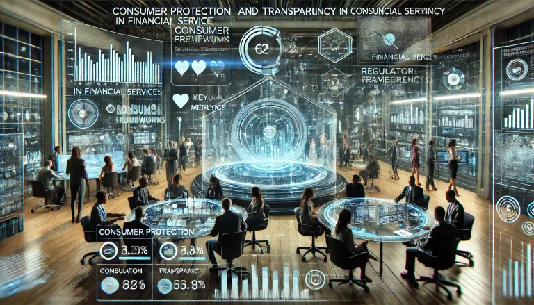 DALL·E 2024 07 24 16.52.10 A futuristic image summarizing the research and analysis on consumer protection and transparency in financial services. The scene should depict a high