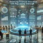 DALL·E 2024 07 24 17.08.42 A futuristic image summarizing the research and analysis on balancing financial innovation with regulatory oversight. The scene should depict a high t