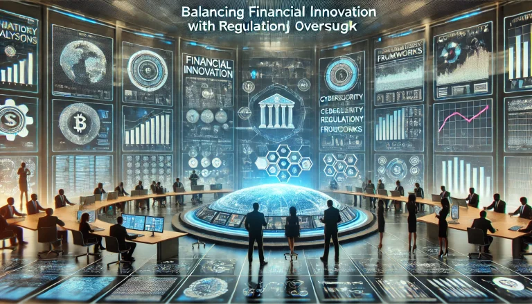 DALL·E 2024 07 24 17.08.42 A futuristic image summarizing the research and analysis on balancing financial innovation with regulatory oversight. The scene should depict a high t