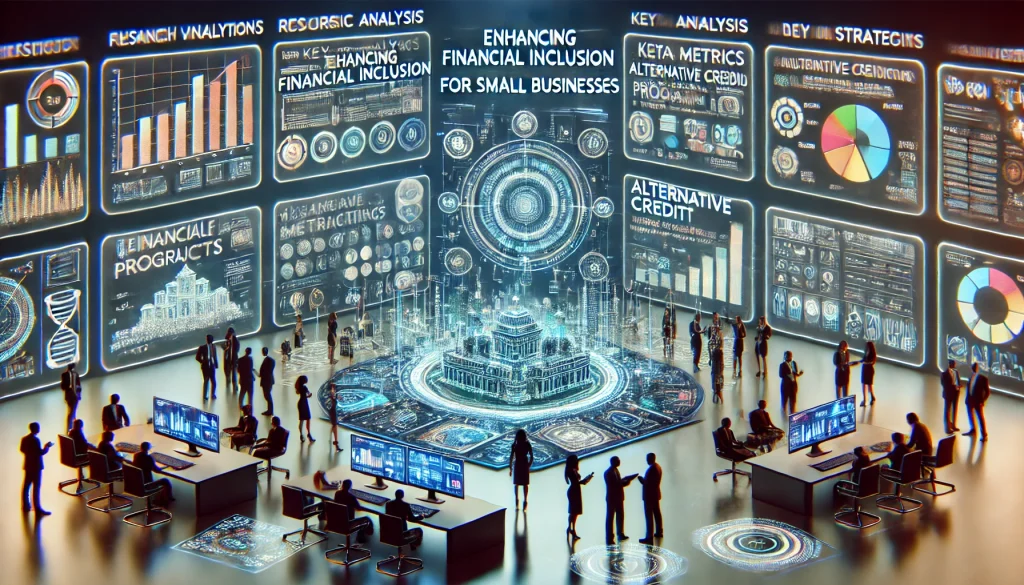 DALL·E 2024 07 24 17.15.57 A futuristic image summarizing the research and analysis on enhancing financial inclusion for small businesses. The scene should depict a high tech re