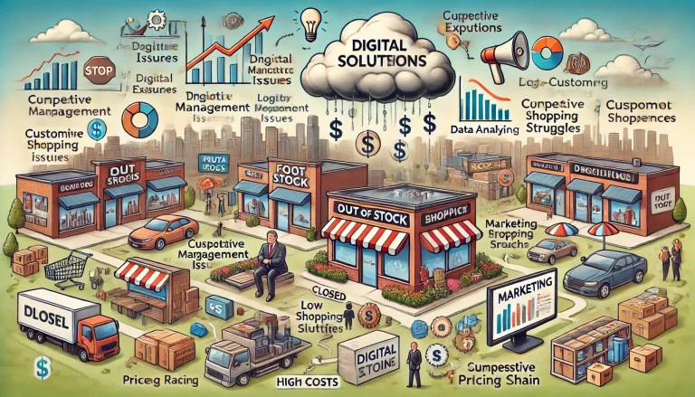 DALL·E 2024 07 29 11.11.58 A comprehensive landscape image representing the overall research on the challenges and solutions for the retail industry transitioning to a digital f