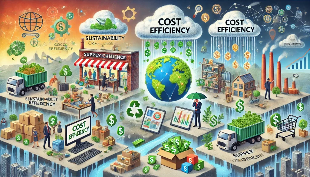 DALL·E 2024 07 29 11.20.27 A comprehensive landscape image representing the overall research on sustainability challenges and solutions in retail supply chain management. The im