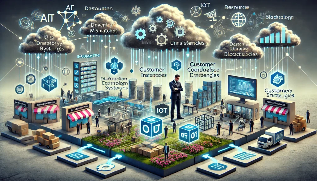OmniChannel Sync: A Unified Platform for Seamless Customer Experience Across Retail Channels 2 DALL·E 2024 07 29 11.50.10 A futuristic landscape illustrating the pain points businesses face in providing a seamless and consistent customer experience across multiple channel