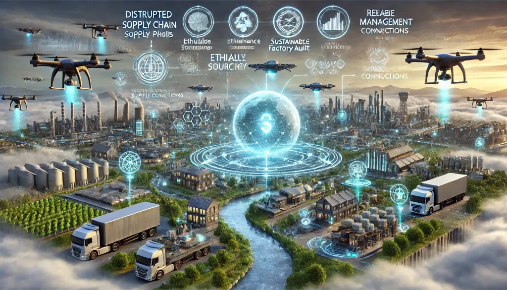 DALL·E 2024 07 29 15.51.45 A futuristic landscape image illustrating various supply chain pain points. The scene includes high tech elements such as drones and robots with a ce