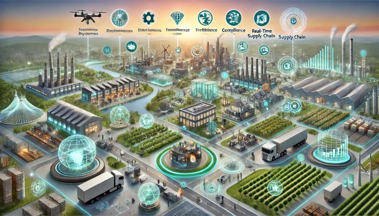 DALL·E 2024 07 29 15.52.24 A comprehensive landscape image illustrating the overall research on supply chain management. The scene includes a futuristic city with interconnected