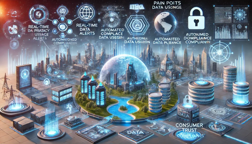 DALL·E 2024 07 29 16.29.34 A futuristic landscape image illustrating various pain points in data privacy management. The scene includes advanced technology elements such as holo