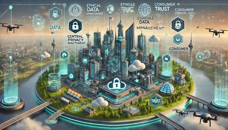 DALL·E 2024 07 29 16.30.03 A futuristic landscape image illustrating the overall research on data privacy management. The scene features a high tech cityscape with interconnecte