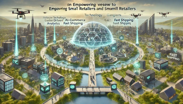 DALL·E 2024 07 29 16.45.30 A futuristic landscape image illustrating the overall research on empowering small retailers to compete in an e commerce dominated market. The scene i