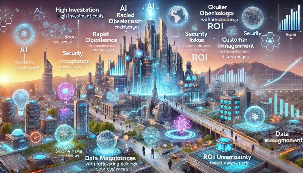 DALL·E 2024 07 29 16.53.38 A futuristic landscape image illustrating various pain points faced by businesses adopting new technologies like AI AR and blockchain. The scene inc