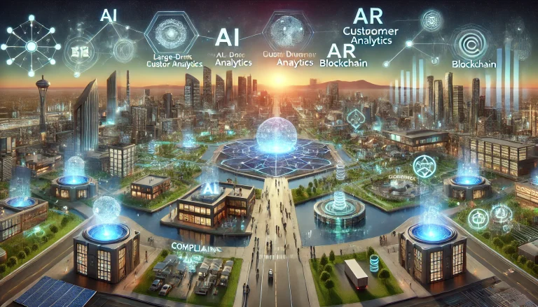 DALL·E 2024 07 29 16.54.20 A futuristic landscape image illustrating the overall research on integrating AI AR and blockchain in business operations. The scene features a bala