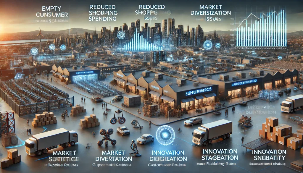 Adapting to Economic Uncertainty: Strategies for Consumer Goods Businesses 2 DALL·E 2024 07 29 17.23.57 A futuristic landscape image illustrating the pain points faced by businesses during economic uncertainty. The scene includes a cityscape with advance