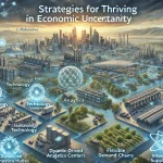 DALL·E 2024 07 29 17.24.51 A futuristic landscape image illustrating the overall research on strategies for businesses to navigate economic uncertainty. The scene includes a bal