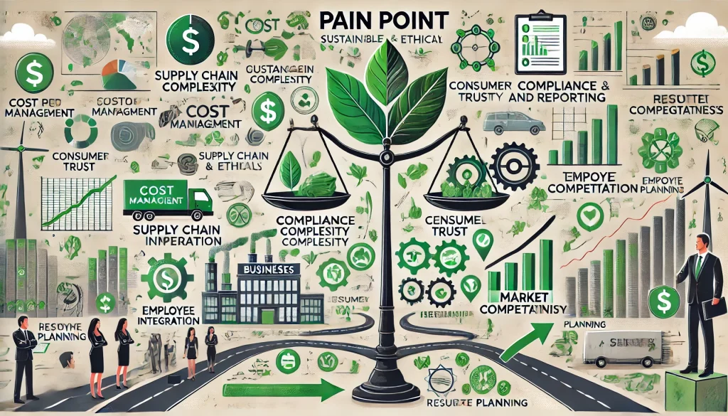 DALL·E 2024 07 30 11.30.21 A landscape image showcasing the pain points businesses face when integrating sustainable and ethical practices into their operations. The image shoul