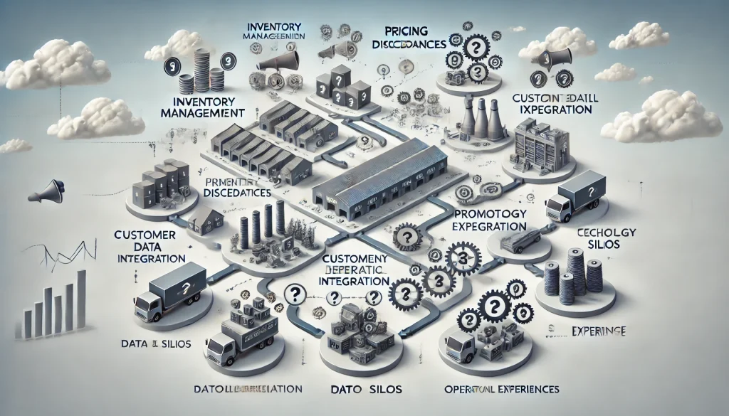 DALL·E 2024 07 30 12.16.01 A professional landscape image showcasing the pain points businesses face in managing and integrating multiple sales channels for a seamless omnichann