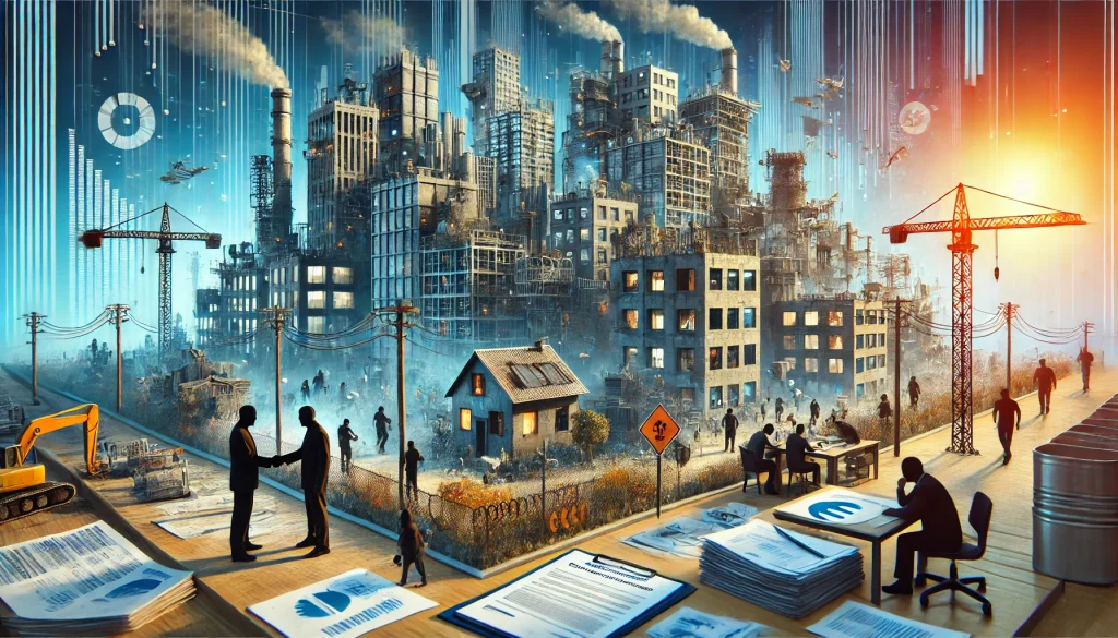 DALL·E 2024 08 06 11.36.19 A futuristic cityscape illustrating the pain points of building quality and safety in the real estate industry. The scene includes buildings with visi