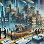 DALL·E 2024 08 06 11.36.19 A futuristic cityscape illustrating the pain points of building quality and safety in the real estate industry. The scene includes buildings with visi