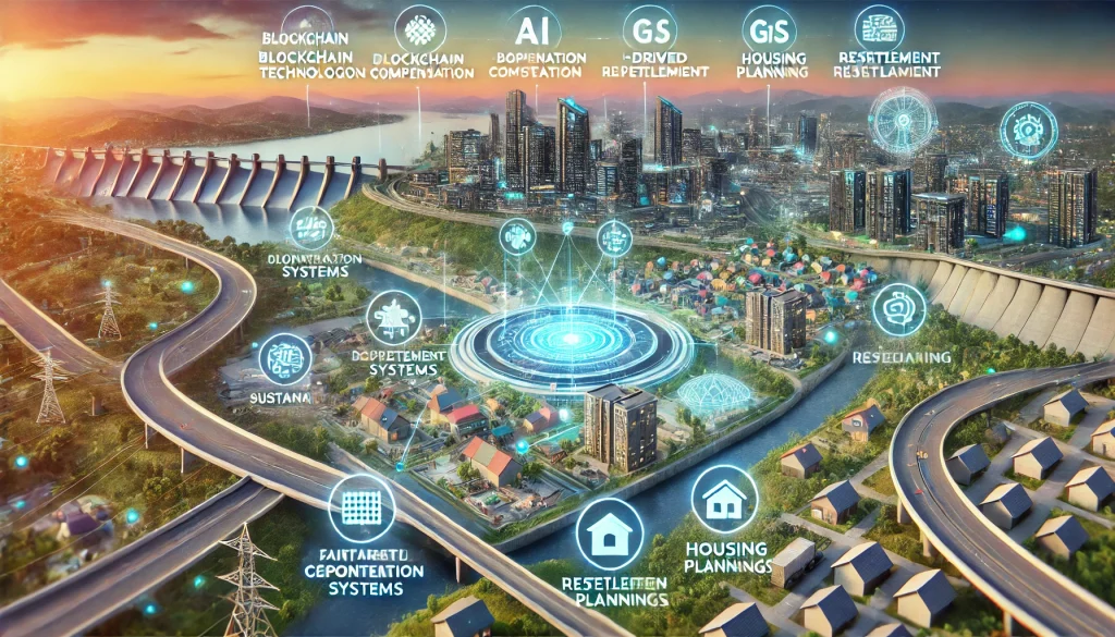Mitigating Displacement in Large-Scale Infrastructure Projects: A Digital Solution for Sustainable Development 1 DALL·E 2024 08 06 11.48.07 A futuristic landscape showcasing efforts to address the displacement caused by large scale infrastructure projects. The image features a modern citys