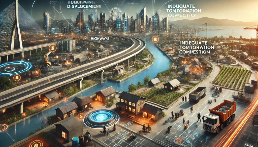 Mitigating Displacement in Large-Scale Infrastructure Projects: A Digital Solution for Sustainable Development 2 DALL·E 2024 08 06 11.49.00 A futuristic landscape highlighting the pain points associated with displacement in large scale infrastructure projects. The image features a modern c