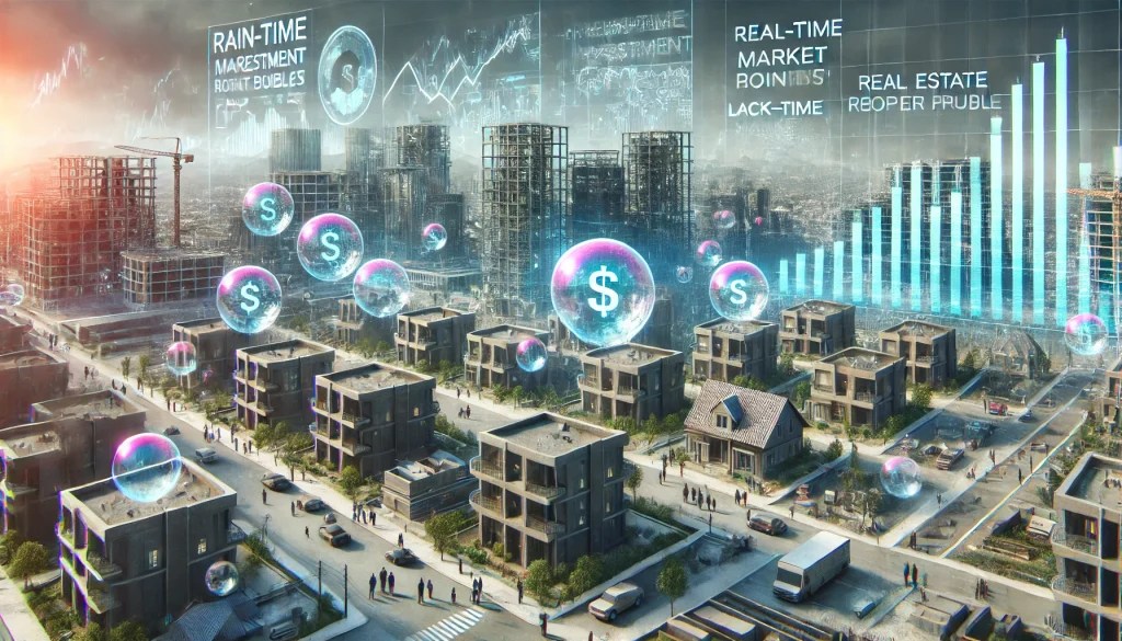 DALL·E 2024 08 06 12.39.04 A futuristic landscape highlighting the pain points associated with real estate bubbles. The image shows a modern city with visible signs of economic