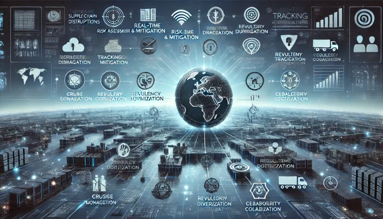 DALL·E 2024 08 07 11.10.06 A futuristic landscape image representing comprehensive research on mitigating supply chain disruptions. The scene should feature a central hub symbol